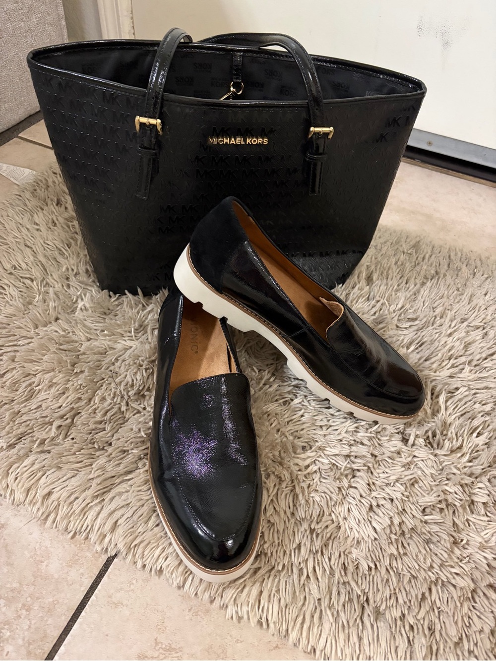 Bundle MK Bag and Black Patent Leather Slip-On Vionic Loafers Platform Sole